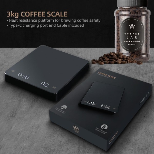 3 kg 0,1 g kaffe som veier 0,1 g kaffevekt med timer Digital kjøkkenvekt Høypresisjons LCD-vekt Husholdnings kaffevekt