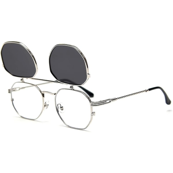 Käännettävät Aurinkolasit Miehille ja Naisille Polarisoitu Steampunk Käännettävät Aurinkolasit Kaksoislinseillä Silver Frame-Gray Lens