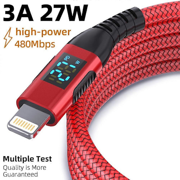 2m USB C - Lightning -kaapeli digitaalisella näytöllä PD 27W pikalataus nylonpunottu johto - Punainen Grey