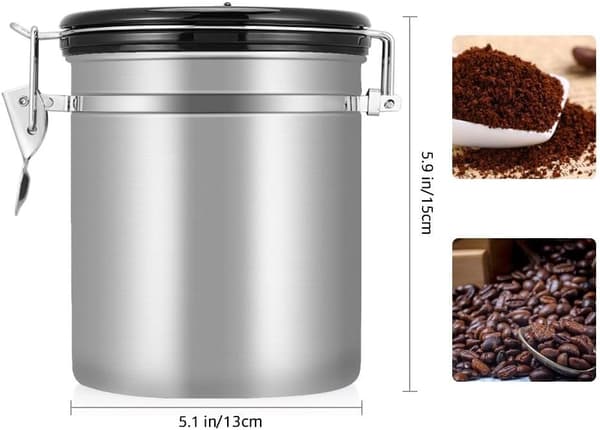 Kaffe-/tebønnebeholder i rustfrit stål med udluftningsventil, samlet beskyttelse mod oxidation (sølv)