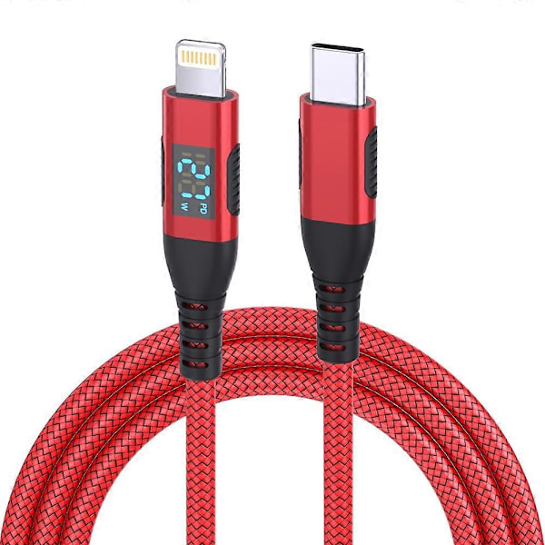2m USB C - Lightning -kaapeli digitaalisella näytöllä PD 27W pikalataus nylonpunottu johto - Punainen Grey