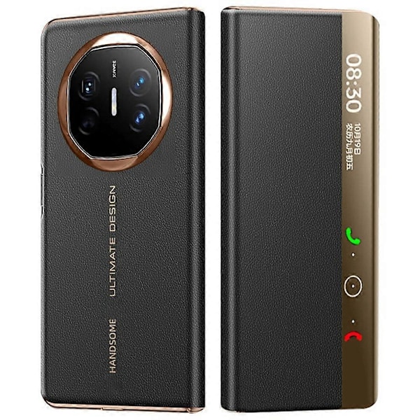 Til Huawei Mate X6 Etui Visningsvindue Auto Vågn Op Sov Læder Flip Telefon Cover Litchi Tekstur - Sort Red Gold