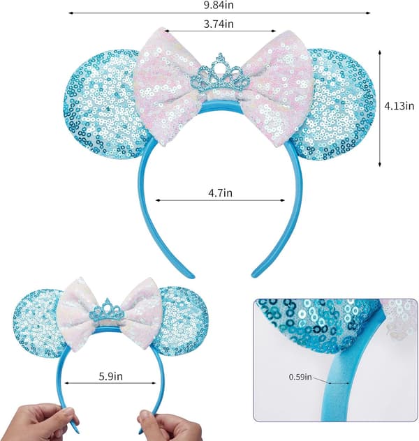 Mickey Mouse ører, pailletbesat Mickey Mouse ørebøjle, egnet til drenge og piger til jul (blå krone).
