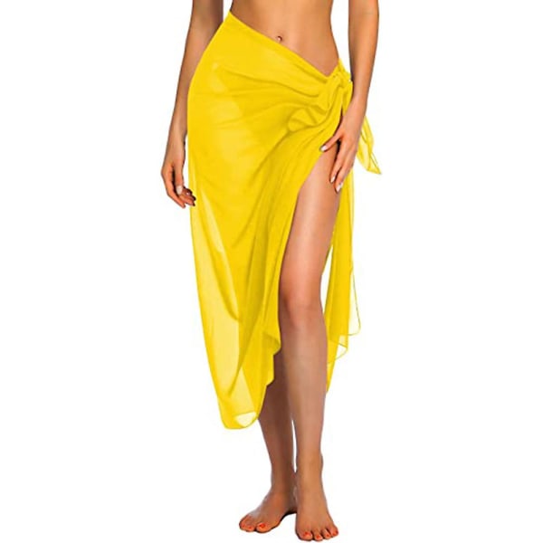 Womens Lang&Kort Sarong Badetøy Coverups Sommer Strand Bikini Wrap Sheer Kort Skjørt Skjerf for Badetøy Cover-ups Yellow-Long One Size
