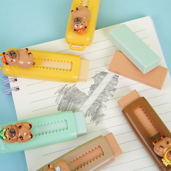 Ett capybara-format infällbart suddgummi, sött push-pull suddgummi, studentsuddgummi, skol- och kontorsmaterial för capybara-entusiaster Yellow