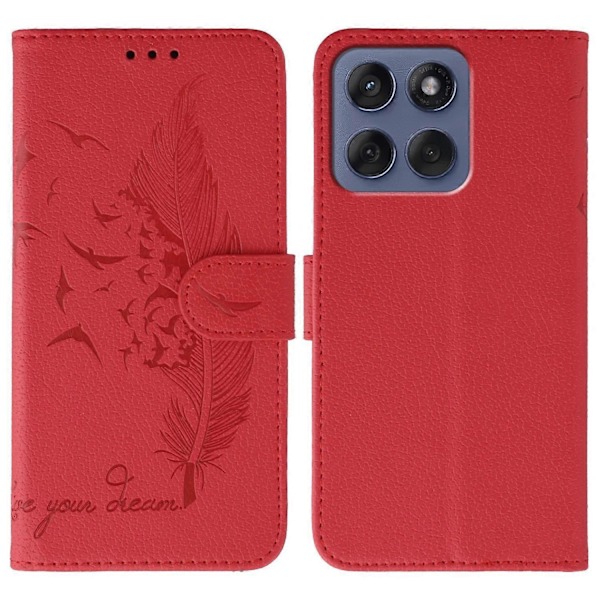 Skal till Motorola Edge 60 Fusion 5G Fjäderavtryck PU Läder Plånbok Mobilskal - Röd Red