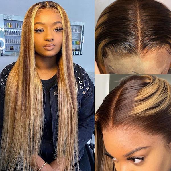 Highlight Lace Front Rak Hår Peruk För Svarta Kvinnor 26 Tum, Lace Frontal Peruk Förplockad Med Baby Hår 150% Densitet