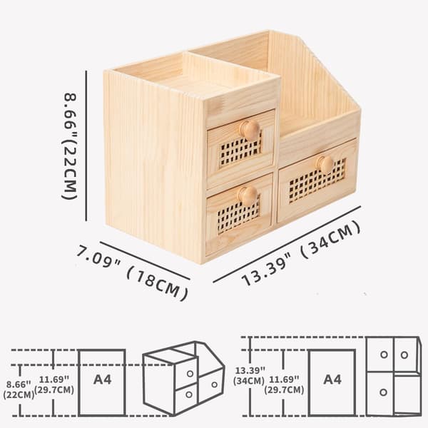 Mini Bambu Byrå (Omonterad), 3 lådor med hyllor, för studierum/kök/sovrum