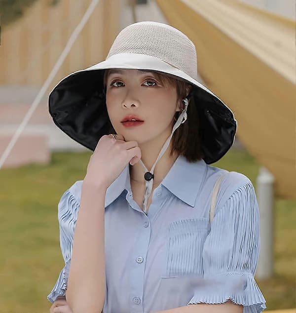 Mesh solhatt for kvinner sommer strand UV-beskyttelse UPF50+ sammenleggbar bred brem med hakerem