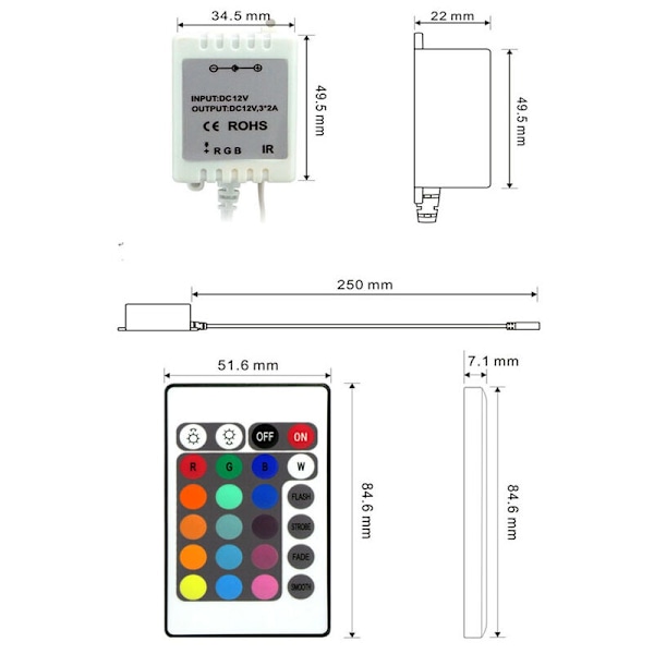 24-Tasters IR Fjernbetjening og Hvid IR Controller til RGB LED Strip 3528 SMD Båndlys