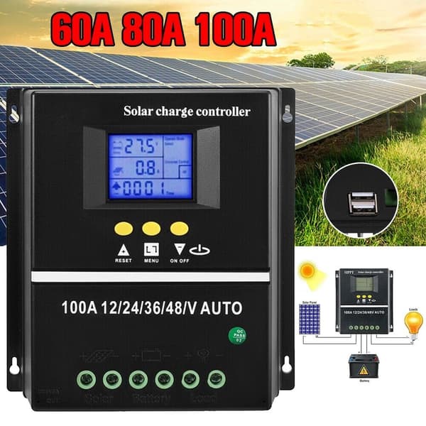 60A 80A 100A Solcellelader Kontroller Panel Regulator 12V/24V/36V/48V Automatisk