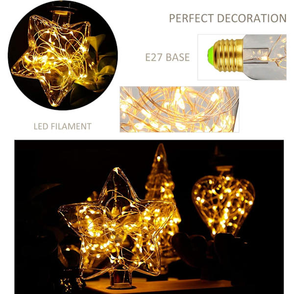 LED E27 Deko Kreativ Fe Glödlampa 1.5W Varm Vit Edison Glödlampa Dekorativ Stjärna & Hjärta Belysning för Jul, Fest, Bröllop