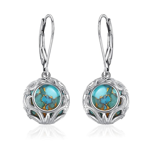Turkosfärgade blomörhängen för kvinnor 925 Sterling Silver Dangle Drop Örhängen Runda turkosörhängen