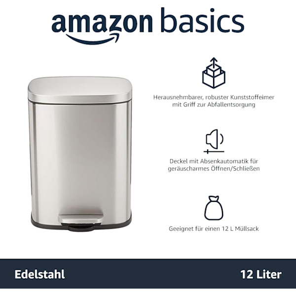 Rektangulær affaldsspand med soft close, 12L (Satin Nickel/Sølv/Sort)