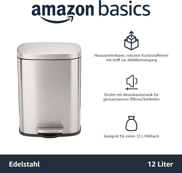 Rektangulær søppelbøtte med myk lukking, 12L (Satengnikkel/Sølv/Svart)