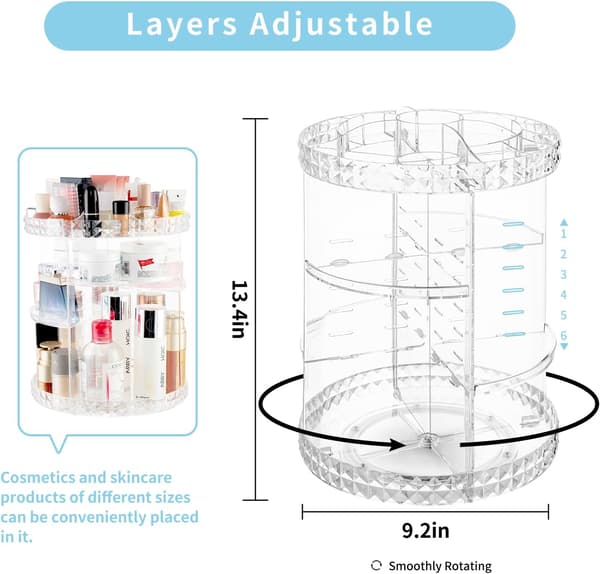 360° Roterande Sminkförvaringslåda, transparent, för Sminkbord/Sovrum/Badrum