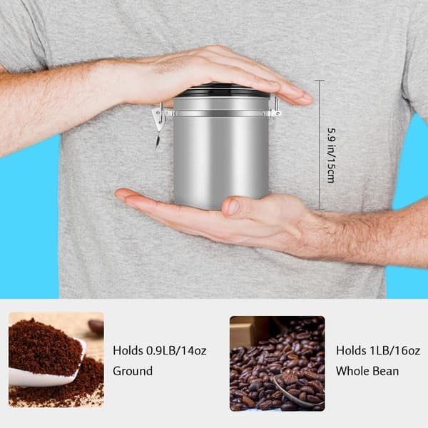 Kaffe-/tebønnebeholder i rustfrit stål med udluftningsventil, samlet beskyttelse mod oxidation (sølv)