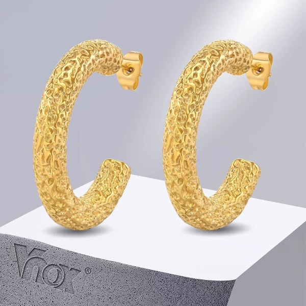 Simple Hoop øreringe til kvinder festsmykker, guldfarve rustfrit stål hamret mønster C-formet øretilbehør