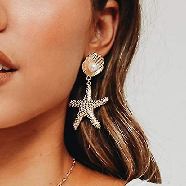 Boho Stjerneskall Øredobber Stjerne Gull Dangle Kvinner Strand Hav Sommer Smykker Gave