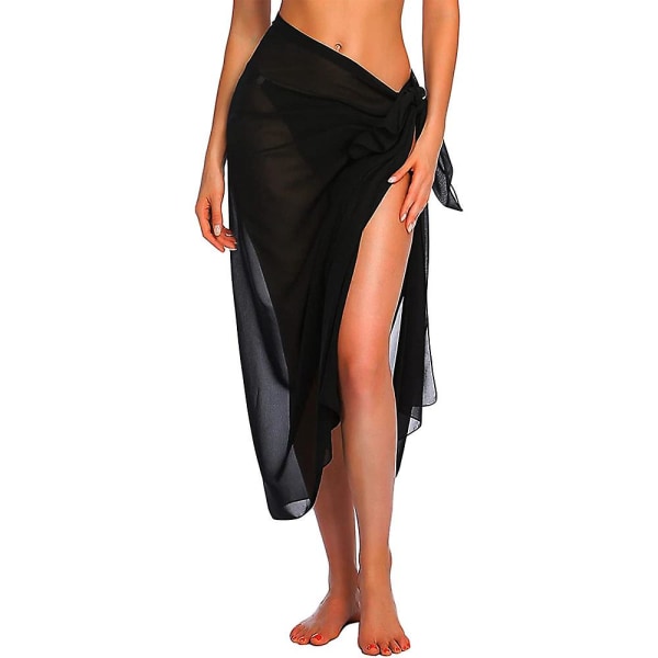 Dam lång och kort sarong baddräkt coverups sommar strand bikini wrap genomskinlig kort kjol sjal för baddräkt cover-ups Black-Long One Size