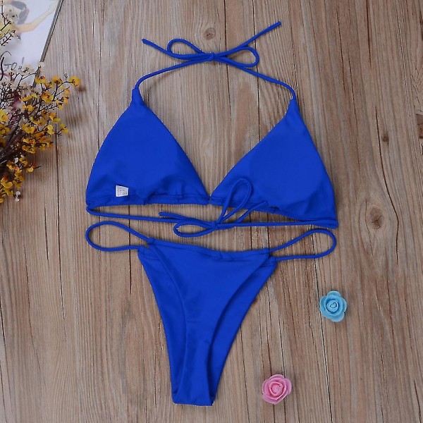 Kvinners Ultra Tynne Elastiske Thong Bikini Sett Side Tie Sexy Ensfarget Badedrakt Bandasje Stil Brasiliansk Badetøy Blue XL