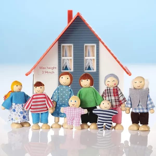 Trähus Dockmänniskor 8 Figurer, Dockfamilj Set Flickor Småbarn Dockhustillbehör Leksaker