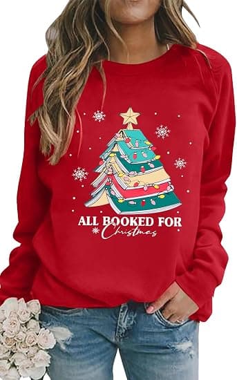 Jul-tröja för damer, söt julgransmönstrad långärmad tröja, julfest-pullover, storlek M