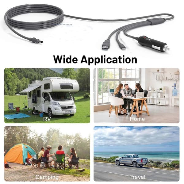 Vanntett Mini Strømkabel 3 i 1 3m USB C Billader DCDC Ladekabel