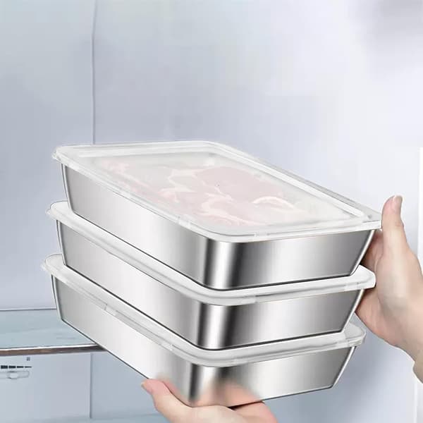 4-pack stora rektangulära matlådor i rostfritt stål, läckagesäkra plastlock, lufttäta för kött, diskmaskinssäkra