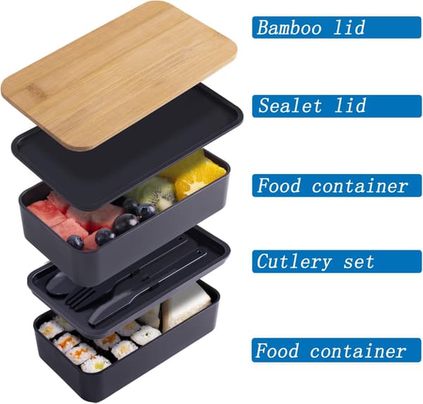 Bambus Bento-boks med rom og bestikk Stablebar matboks Inkluderer matpose for måltidsforberedelse Svart