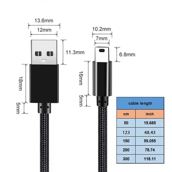 Flätad Mini USB-kabel USB 2.0 till Mini B Snabbladdning och dataöverföringskabel Lätt att bära för kamera mobil dashcam 3m