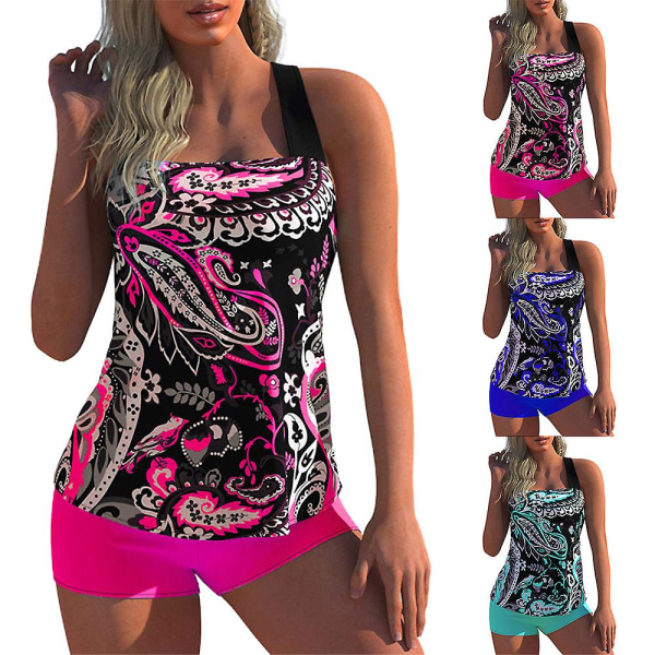 Kvinnors blommiga tankini-set bikiniöverdel pojkshorts baddräkt strandkläder badkläder plus size Pink 5XL