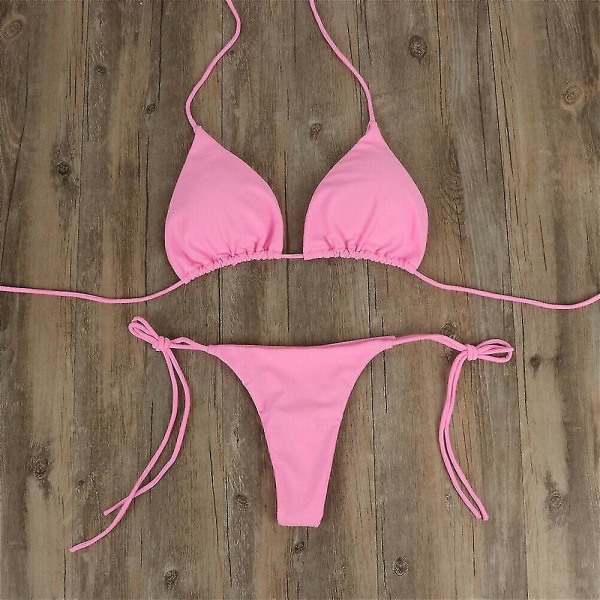 Kvinners Ultra Tynne Elastiske Thong Bikini Sett Side Tie Sexy Ensfarget Badedrakt Bandasje Stil Brasiliansk Badetøy Pink L