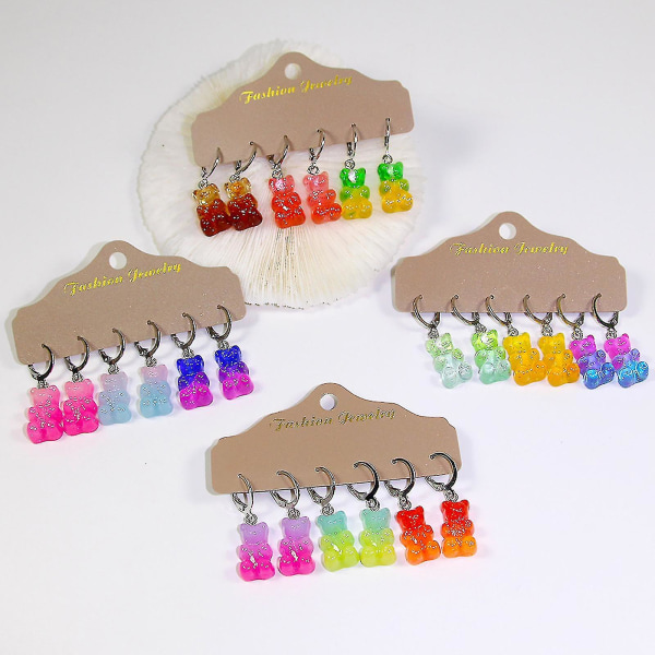 Söt tecknad djur drop örhänge set godis gradient färg björn dinglande örhängen 12 pairs