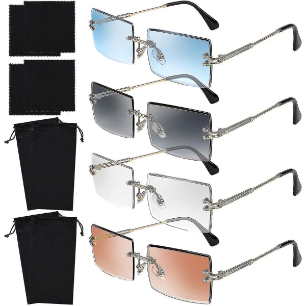 4-pak kantløse rektangelsolbriller Vintage kantløse briller Retro solbriller Metalramme briller til mænd, kvinder