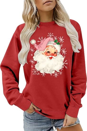 Jul-tröja för damer, Retro Jultomte Mönster Långärmad Tröja, Jul-Pullover, Storlek L