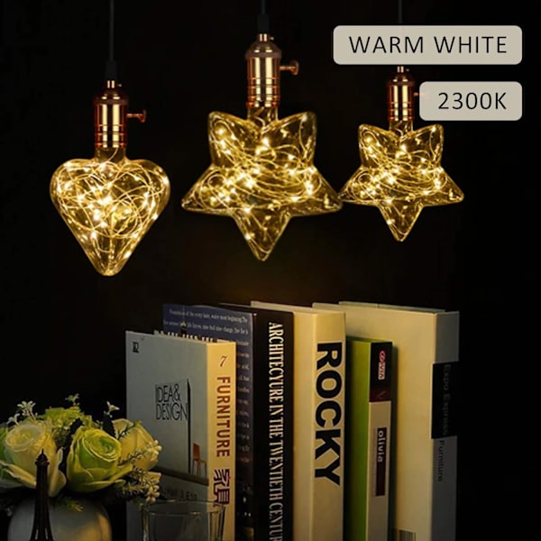 LED E27 Deko Kreativ Fe Glödlampa 1.5W Varm Vit Edison Glödlampa Dekorativ Stjärna & Hjärta Belysning för Jul, Fest, Bröllop