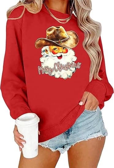 Pullover sweatshirt, jule sweatshirt til kvinder, retro julemandsmønstret langærmet trøje, størrelse S