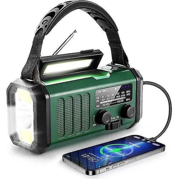 Nødradio med håndsving, solenergi og USB-opladning - 10000mAh batteri - NOAA/AM/FM vejrradio - LED-lommelygte og læselampe - SOS-alarm