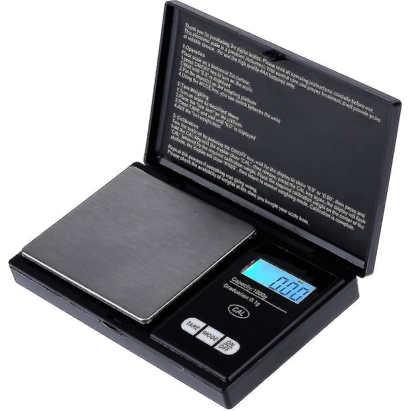 Digitaalinen taskuvaaka 1000g x 0,1g, keittiövaaka, koruvaaka Mini elektroninen taskuvaaka-musta