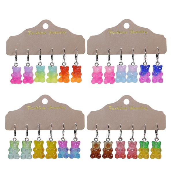 Söt tecknad djur drop örhänge set godis gradient färg björn dinglande örhängen 12 pairs