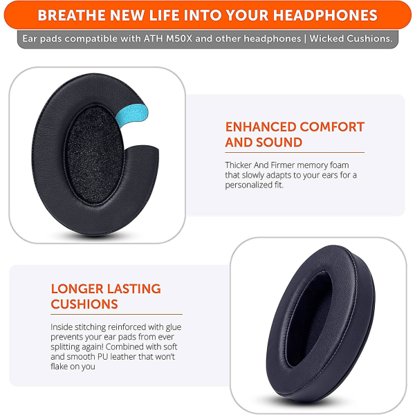 Shao Wicked Cushions Oppgraderte Erstatningsøreputer for Ath M50x - Passer Audio Technica M40x / M50xbt / Hyperx Cloud & Cloud 2 / Steelseries Arctis 3/5 /