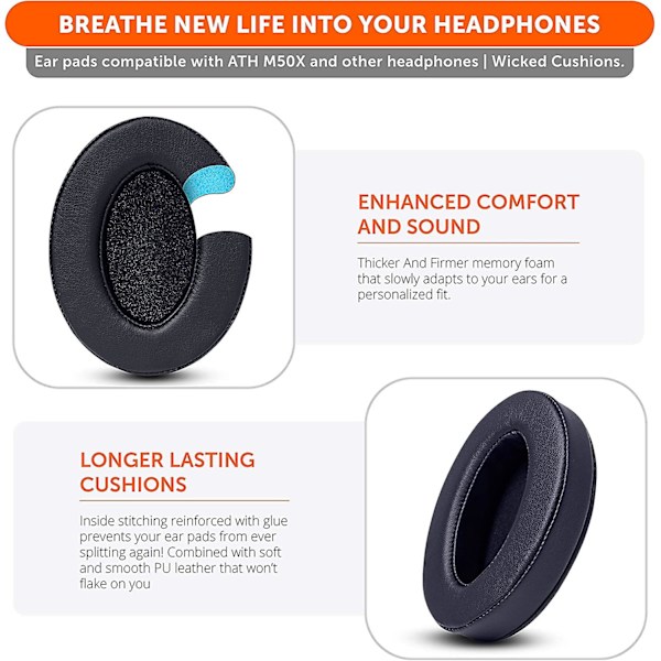 Wicked Cushions Opgraderede Udskiftningsørepude til Ath M50x - Passer til Audio Technica M40x / M50xbt / Hyperx Cloud & Cloud 2 / Steelseries Arctis 3/5 / 7 /
