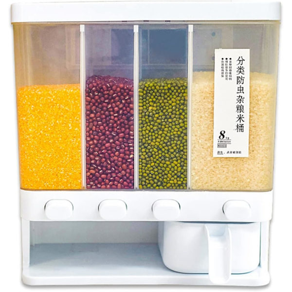 Tørfoderdispenser (4 rum), transparent risboks, køkkenopbevaring/-organisering