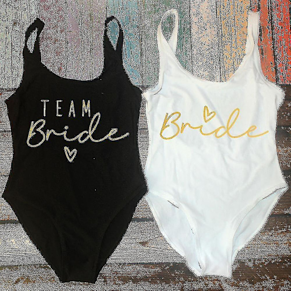 S-3xl Guldtryck Team Bride En-delad Baddräkt Squad Kvinnor Badkläder Möhippa Fest Baddräkt Sommar Strandkläder Baddräkt gold black L