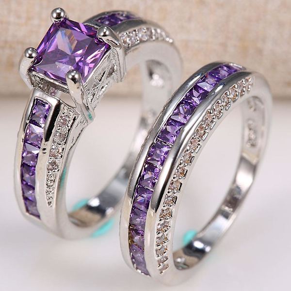 2 stk. Princess Smykker Kvadrat Falsk Ametyst Rhinestone Indlagt Vielsesring Bånd US 8