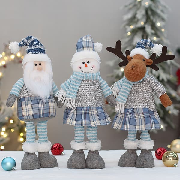 Blå tygsträckt julprydnad, jultomte, snögubbe, ren, juldekoration, blå infällbar snögubbe