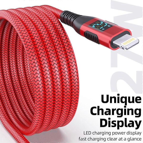2m USB C - Lightning -kaapeli digitaalisella näytöllä PD 27W pikalataus nylonpunottu johto - Punainen Grey