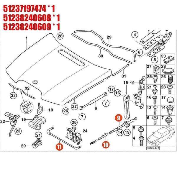 3ST Motorhuv Utlösningskabel Bowden Kabel Kit för E65 E66 7Er 51237197474