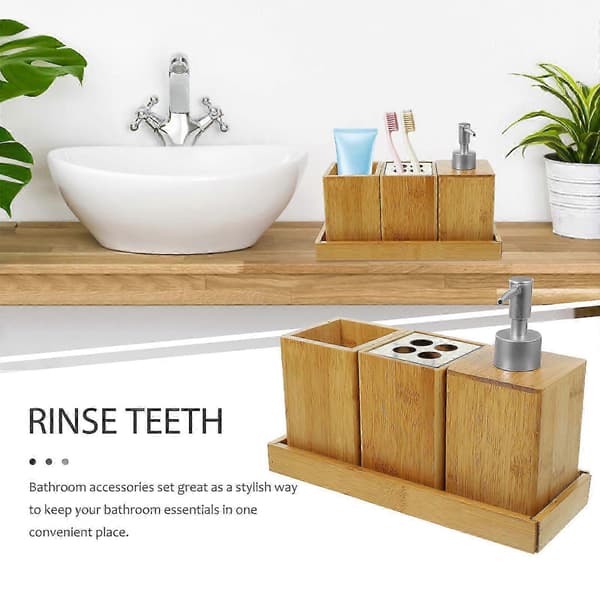 Badrumsset i bambu - Tandborsthållare, Mugg & Tvåldispenser (24,5x9,5x2,5cm)